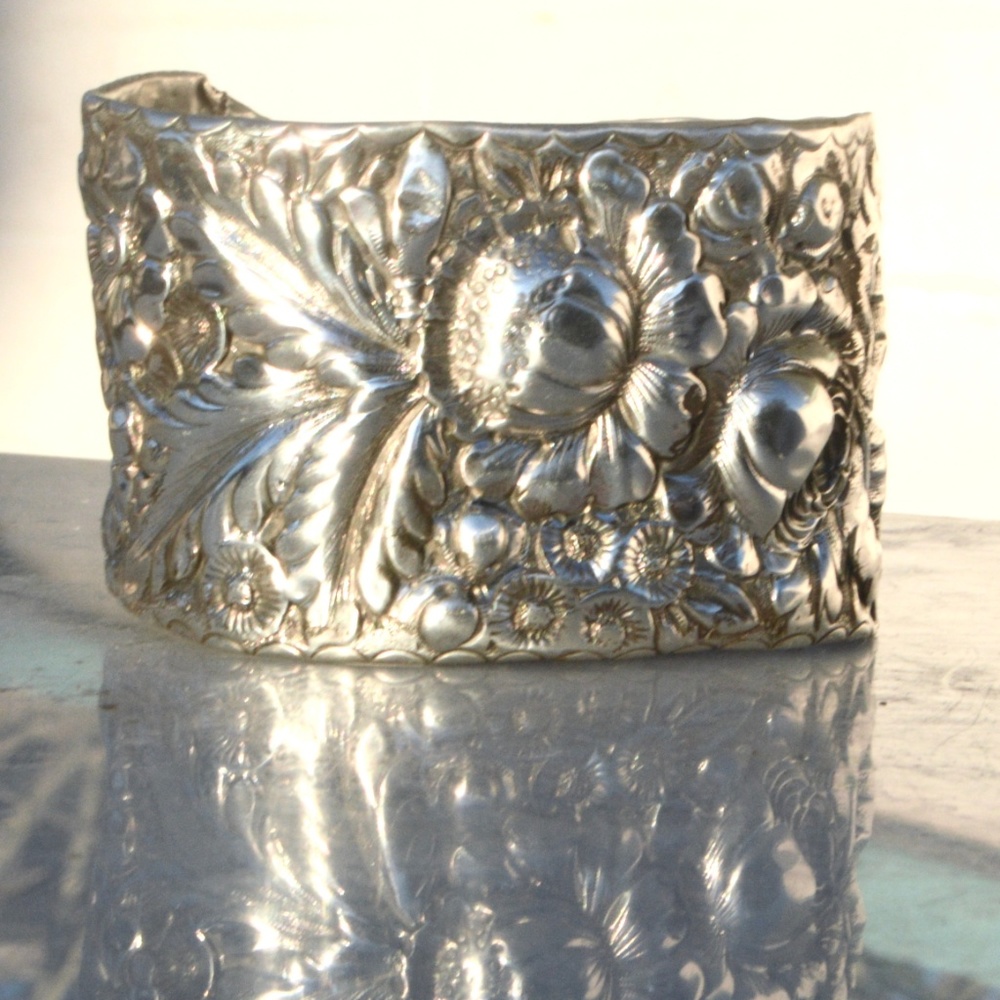 Art Nouveau Sterling Silver Floral Cuff Bracelet - Picture 2 of 7